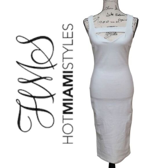 🤍 HOT MIAMI STYLES Midi Sheath Bodycon White Sleeveless Cutout Dress SIZE XS - Picture 1 of 12